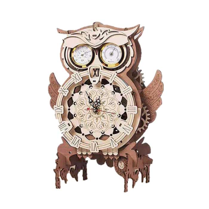 3D Wooden Owl Puzzle Clock with Thermometer & Hygrometer,DIY Model Gift for Adults Kids, Creative Decor Gift for Home.